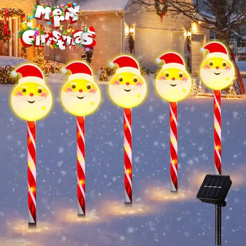 

5pcs Christmas Candy Santa Claus Street Lights Snowmen Column Solar Light For Patio Garden Outdoor Christmas Decoration