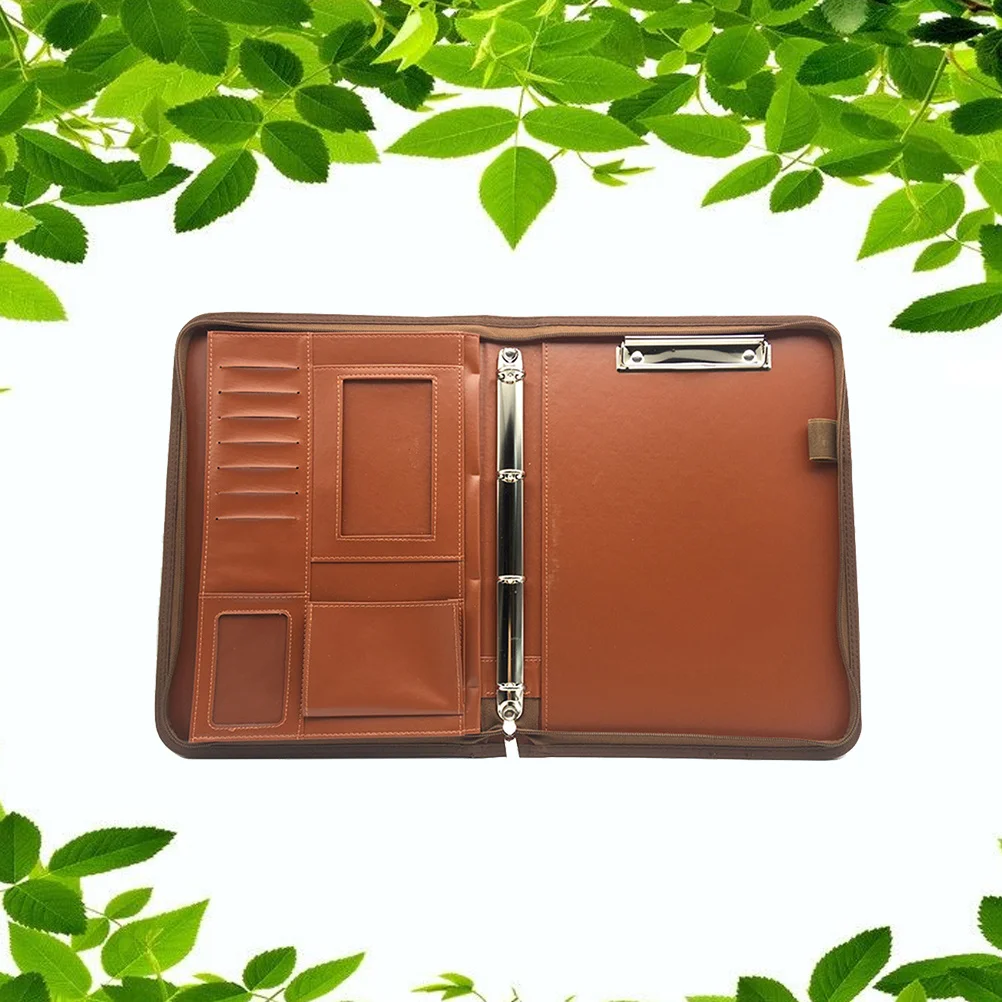 A4 Pu Zipper Portfolio Multifunctional Office Business Document Organizer Calculator Pen Loops Accessory Pockets Brown