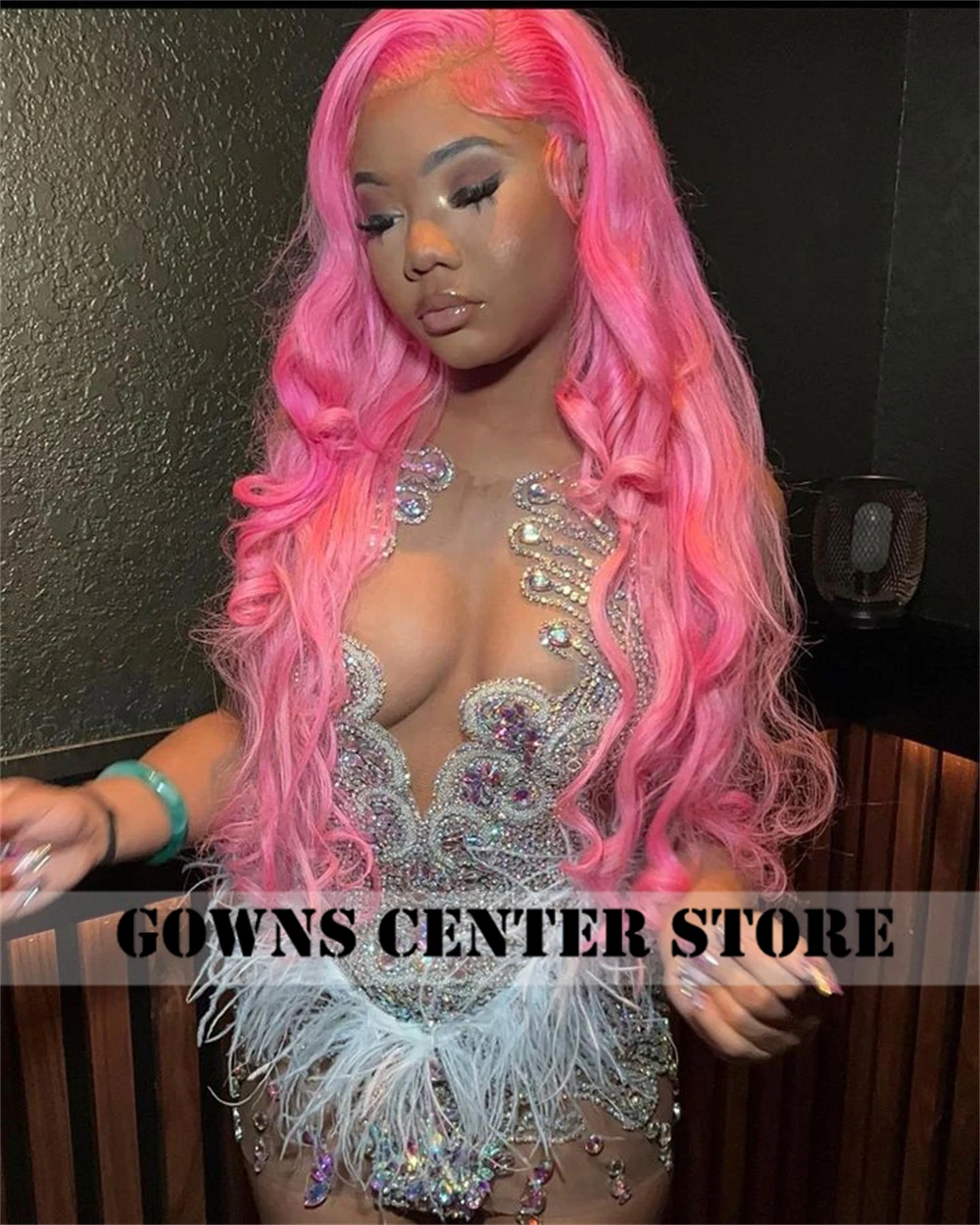 Sliver And Pink Crystals Beading Feathers Prom Dress See Thru Black Girls Birthday Dresses African Mermaid Exquisite Handmade