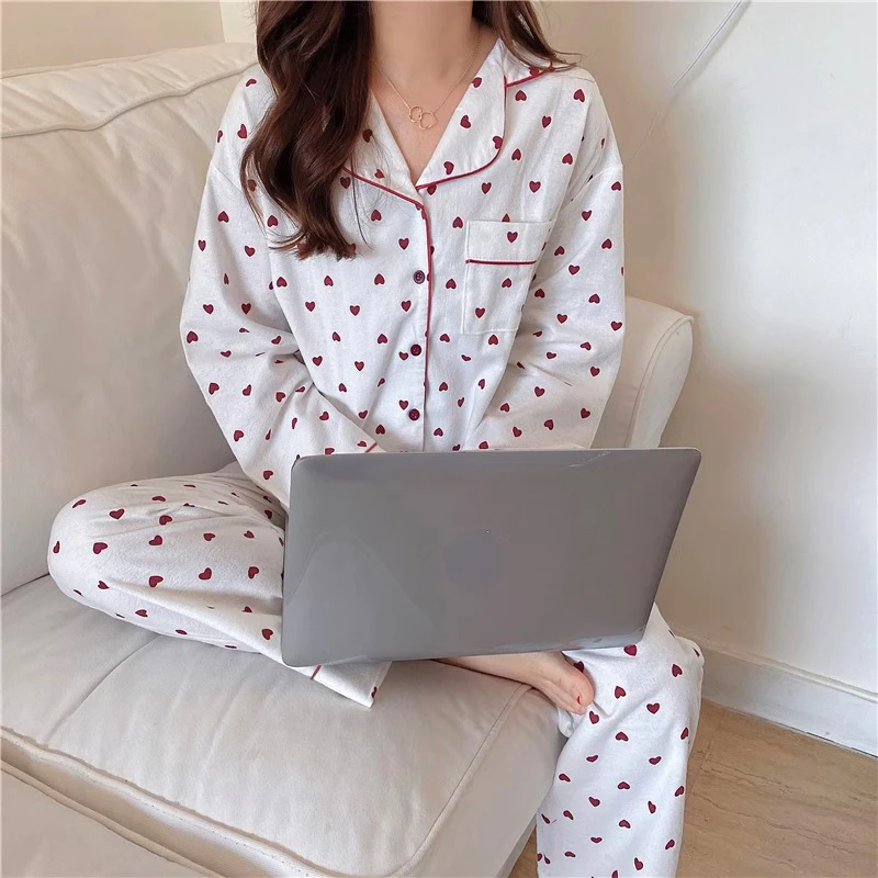 Pijamas de descanso de estilo coreano para mujer, pantalones de manga larga a la moda, ropa de estar por casa elegante y cómoda con solapa,