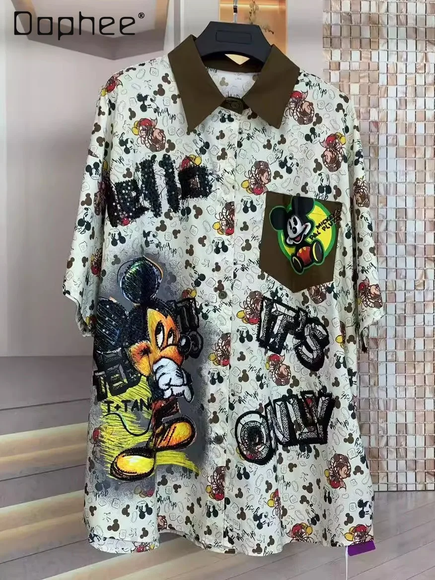 

Tide Brand Cartoon Fashion Short-sleeved Shirt Women 2025 Summer Street Tide Full Print Loose Large Version Shirt Top
