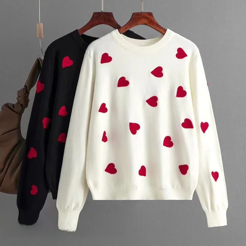 

Женский свободный вязаный свитер с длинными рукавами и сердечками, удобный, модный, зимний, больших размеров