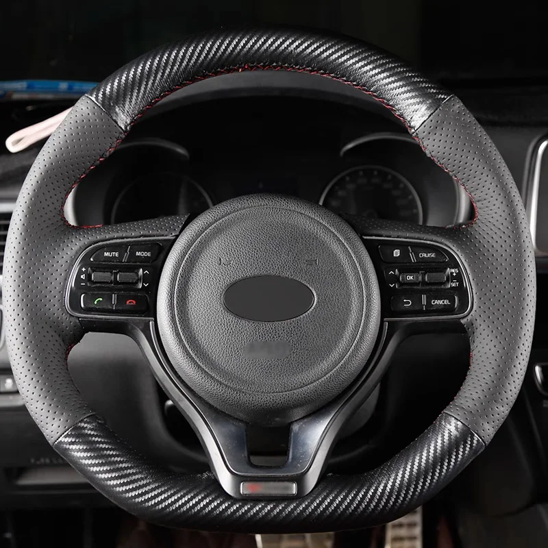 

Black Matt Carbon Fiber and Perforated Leather Full Wrap Hand Stitching Steering Wheel Cover Car Accessoires for Kia K2 K3 K4 K5