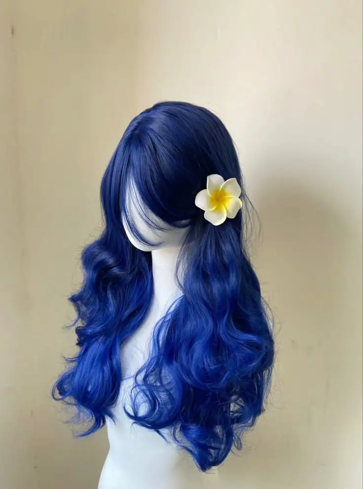 Halloween Pruik Blauw Lang Golvend Haar Pruik voor Vrouwen Cosplay Hoge Temperatuur Vezels Synthetische Pruiken met Gordijn Pony Hoofdband Pruiken