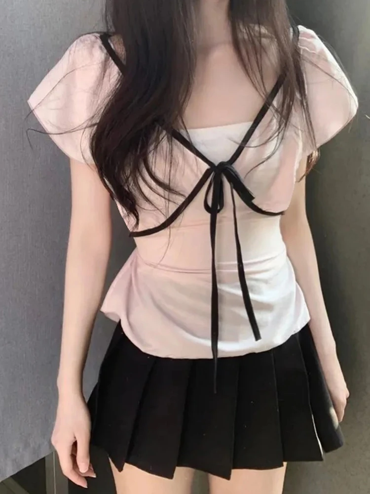 

Harajuku Fashion Sweet Patchwork T-Shirts Women New Pink Y2k Bow Bandage Korean Style V-Neck Casual Slim Fit Blouses Summer 2025
