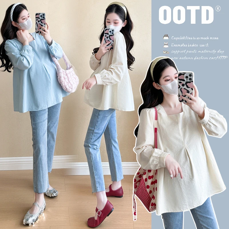 

Elegant A Line Loose Pregnancy Tops 2025 Autumn Pregnant Women Korean Fashion Long Sleeve Gentle Square Neck Maternity Shirts