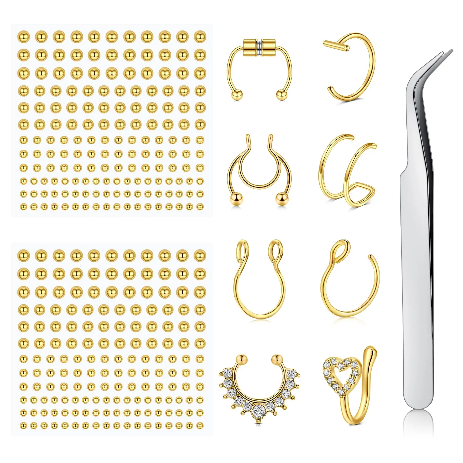 Fake Non‑Piercing Body Piercing Set Fake Eyebrow Lip Labret Nose with Spare Balls 100Pcs Skin Piercing Stickers with Tweezers