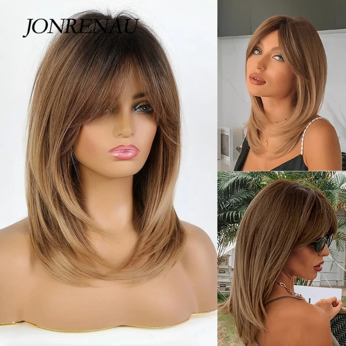 Mid-Length Straight Synthetic Wig Figure-Eight Fringe Brown Gradient Natural Wig For Women Heat-Resistant Full Head Cover