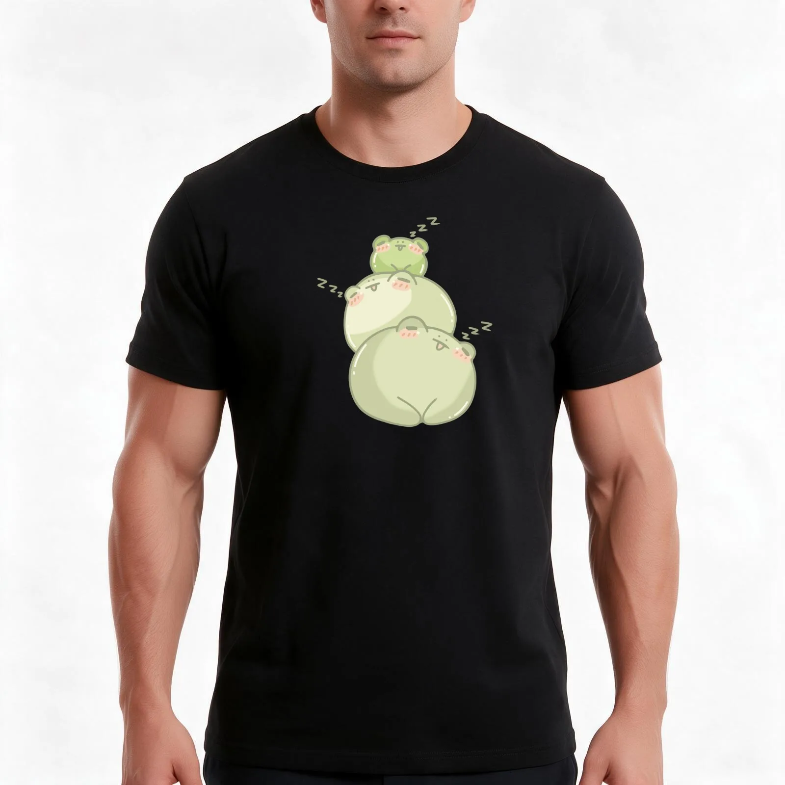 Cute Sleeping Frog Stack T-Shirt, Summer Casual Cotton Tee, Oversized Streetwear Tops, Vintage Graphic Print, Unisex Men Women