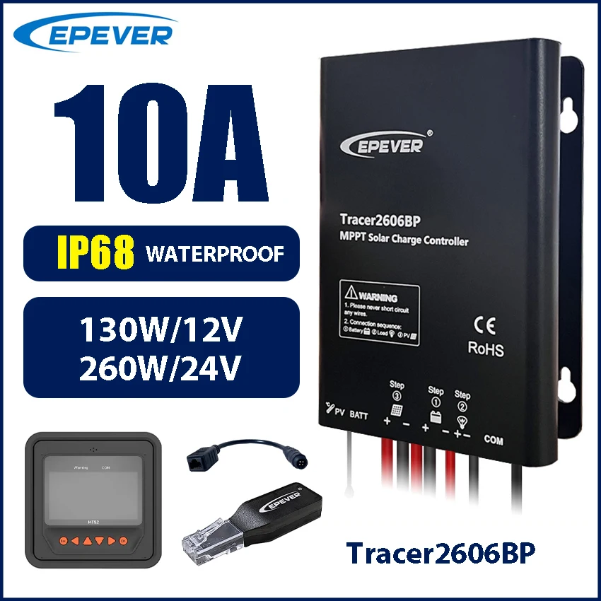 EPEVER 10A MPPT Solar Controller 12V/24V Battery Auto Identify Max 60V Panel IP68 Waterproof Charger Regulator Tracer2606BP