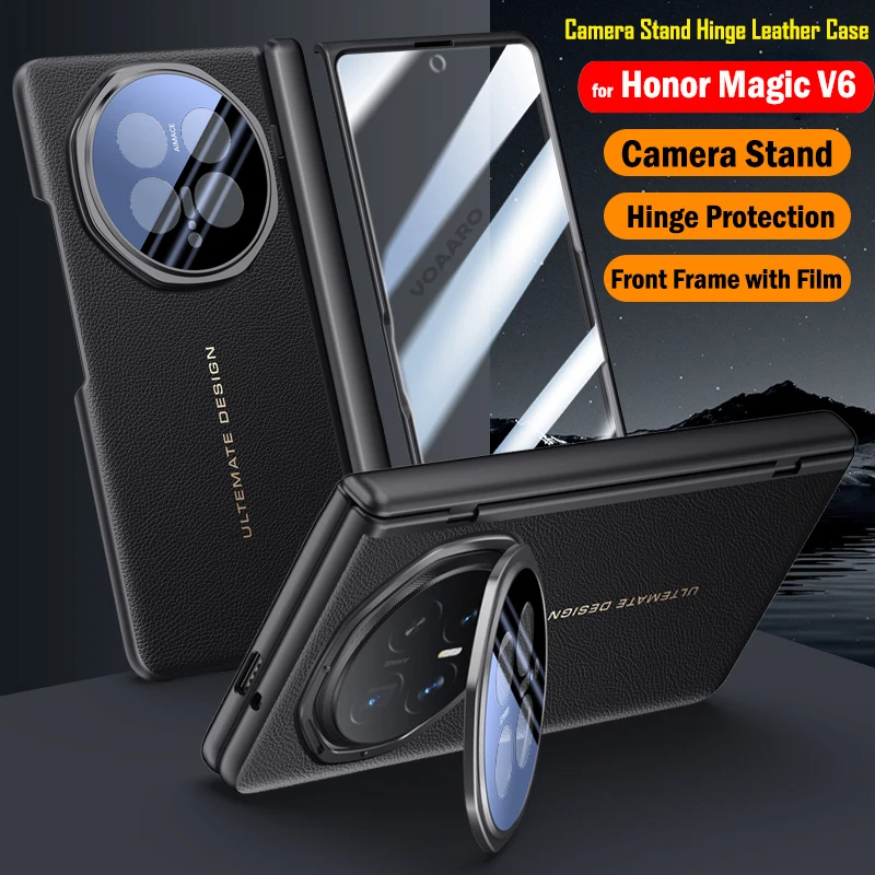 

Camera Kickstand Leather Funda for Honor Magic V6 Hinge Protection Case for Honor Magic V6 Case with Front Screen Glass Film