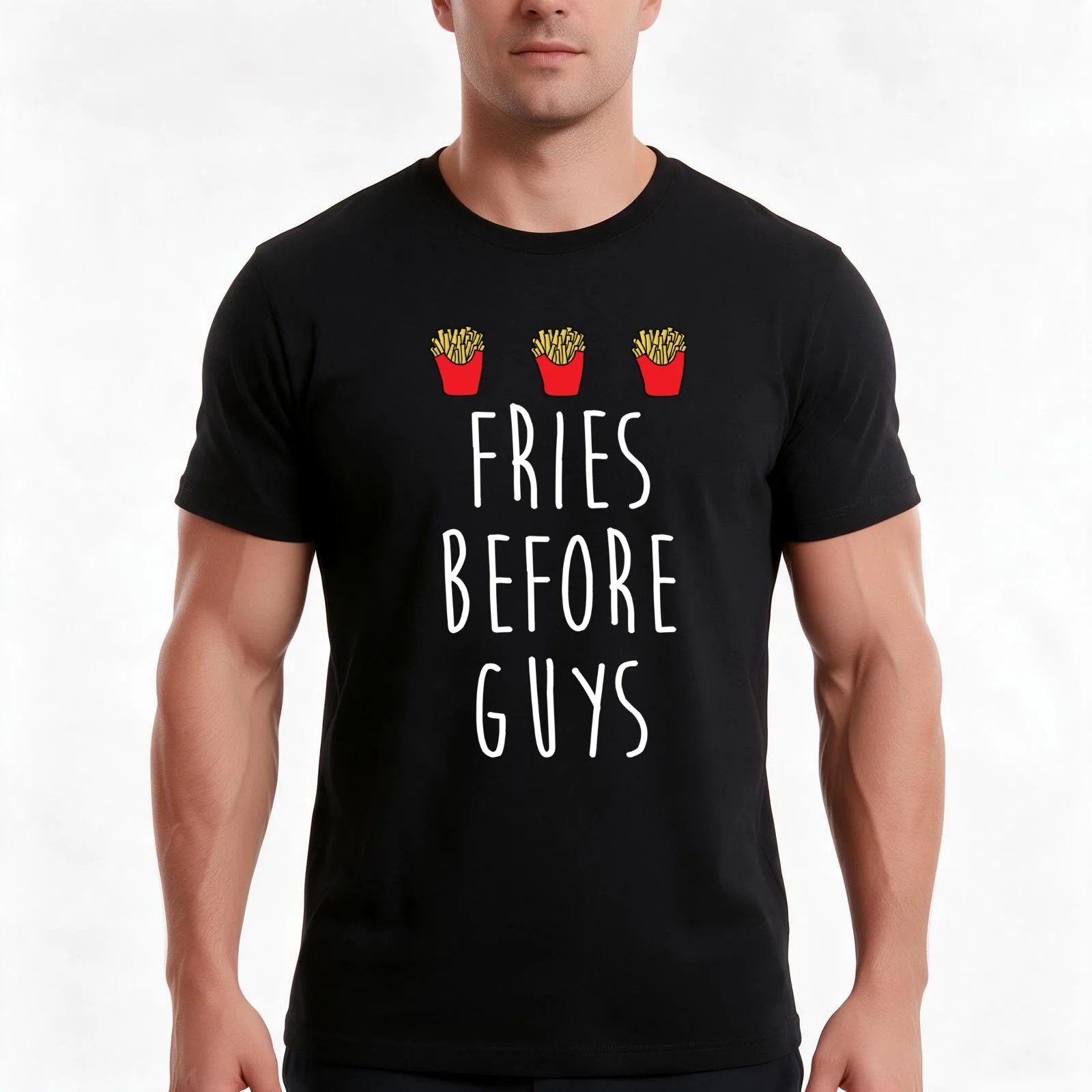 Fries Before Guys T-Shirt, Summer Casual Cotton Tee, Oversized Streetwear Tops, Vintage Graphic Print, Loose Fit Short Sleeve