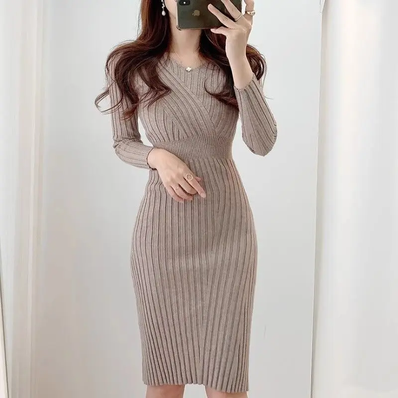 Korean Style Autumn New Vintage Chic Trendyol V-Neck Corset Design Bodycon Hip-Covering Long Sleeve Knitted Elastic Midi Dress