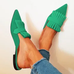 Women Slippers Green Mules Shoes Flat Heels Pointed Toe Shoes Casual Slides Women Shoes