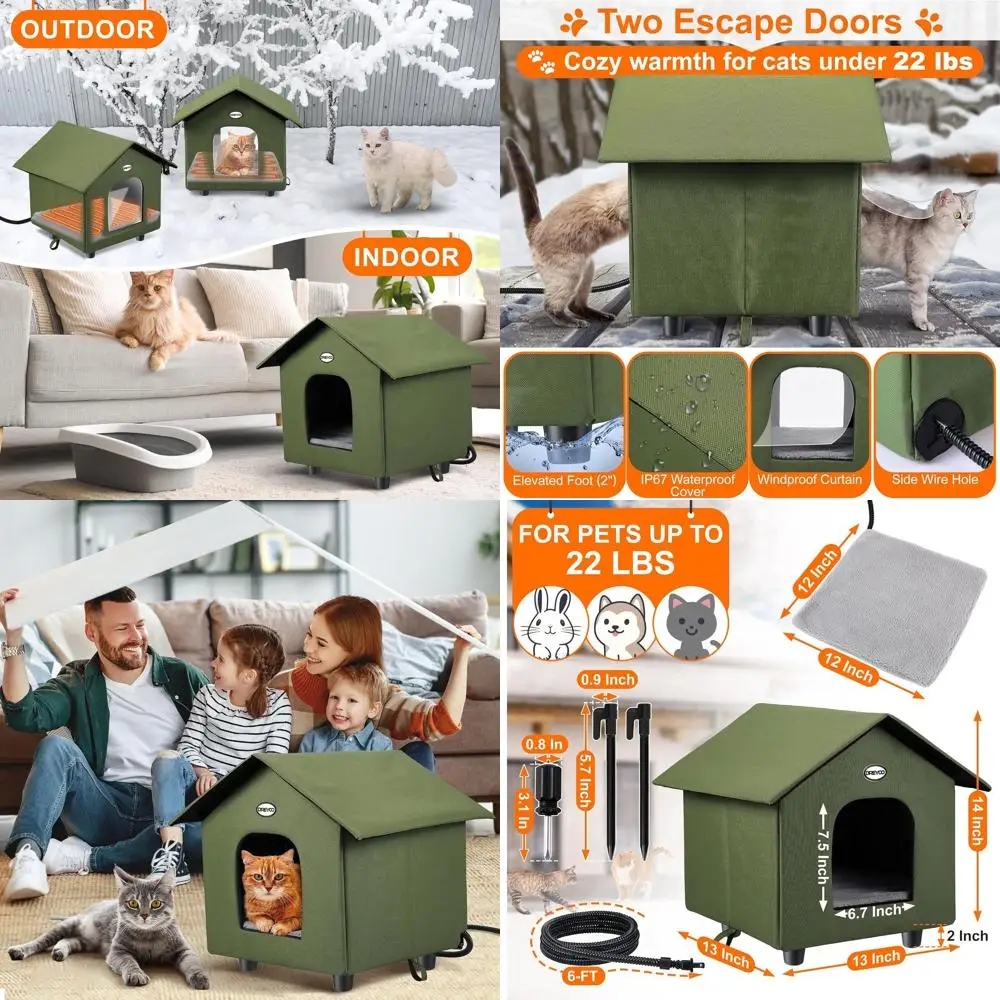

Weatherproof Heated Cat House for Outdoor Winter Use, Foldable Shelter with 2 Doors, Green