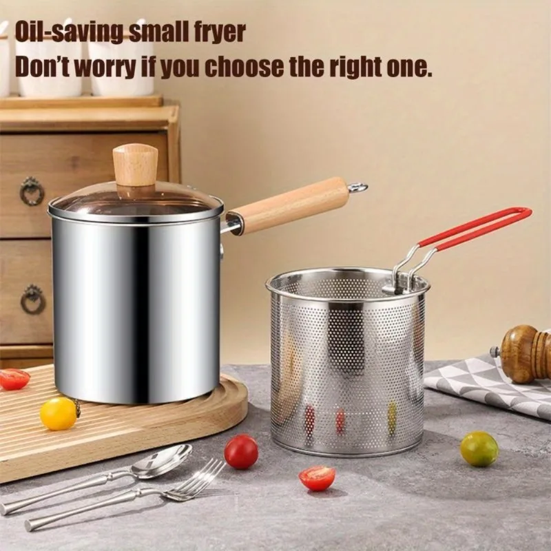 

1PC Stainless Steel Deep Fryer Pot Small Deep Frying Pan with Strainer Basket for French Fries Chicken Kitchen Pans