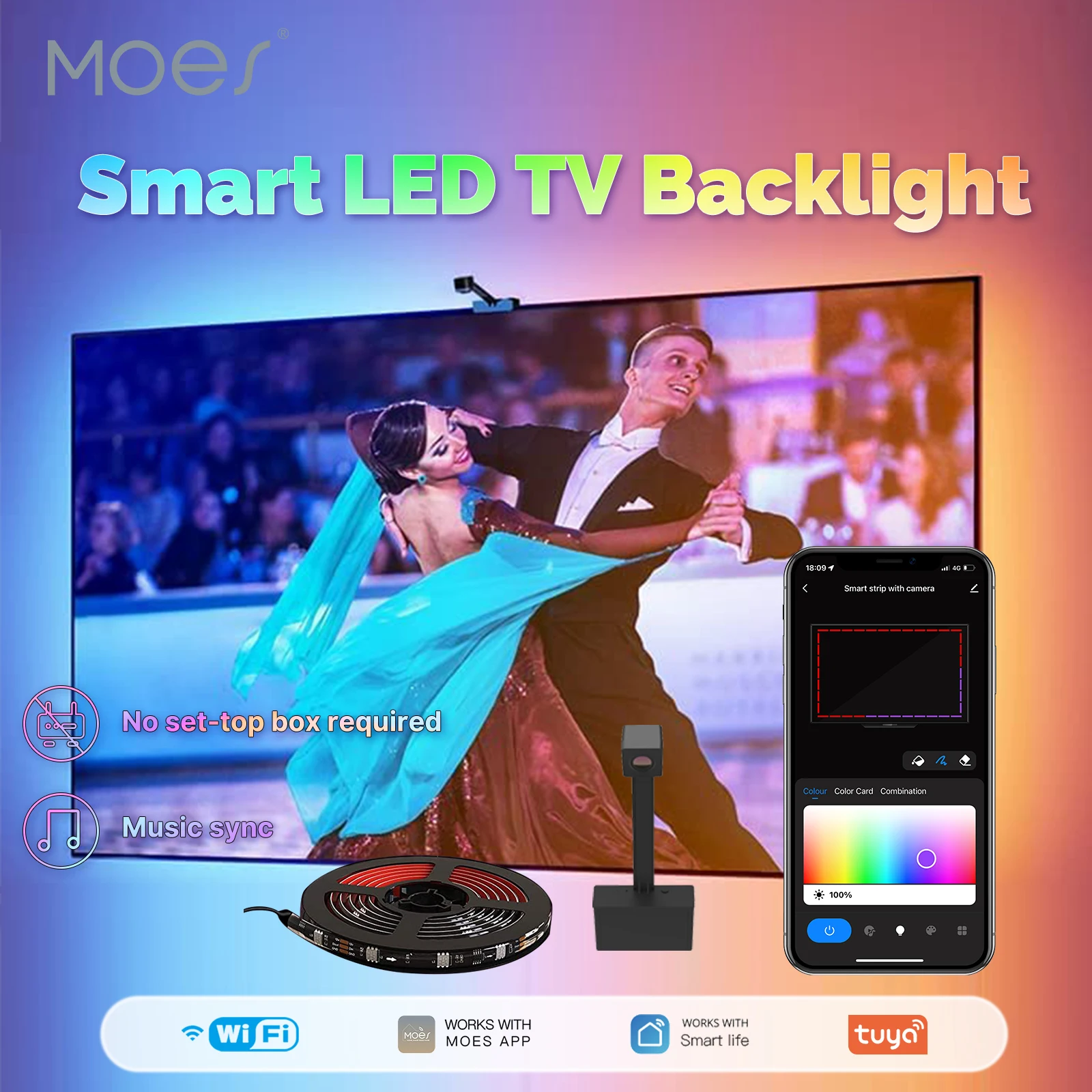 

MOES Smart WiFi Ambient TV Backlight No Set-Top Box Required Music Sync LED Light Strip Timing Fucntion Multiples Scenes