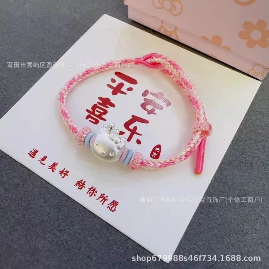 999 Pure 1G Silver Sanrio Bracelet, Kuromi Hellokitty Cinnamoroll Pink Leather Rope, Pure Silver Hand Rope, Gift To Best Friend