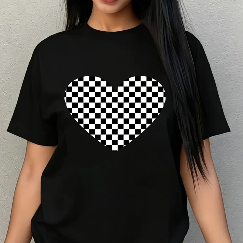 Cool Checkered Love Heart Plaid Black White Racing Party Women's Plus Size T-Shirt 100% Cotton 220g