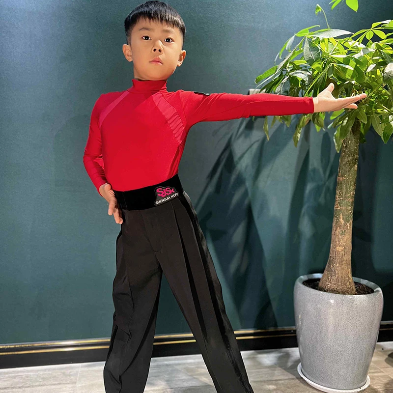 

2024 New Latin Dance Tops For Boys Red Long Sleeved Velvet Pants Practice Clothes Chacha Rumba Tango Kids Latin Clothes DN17034