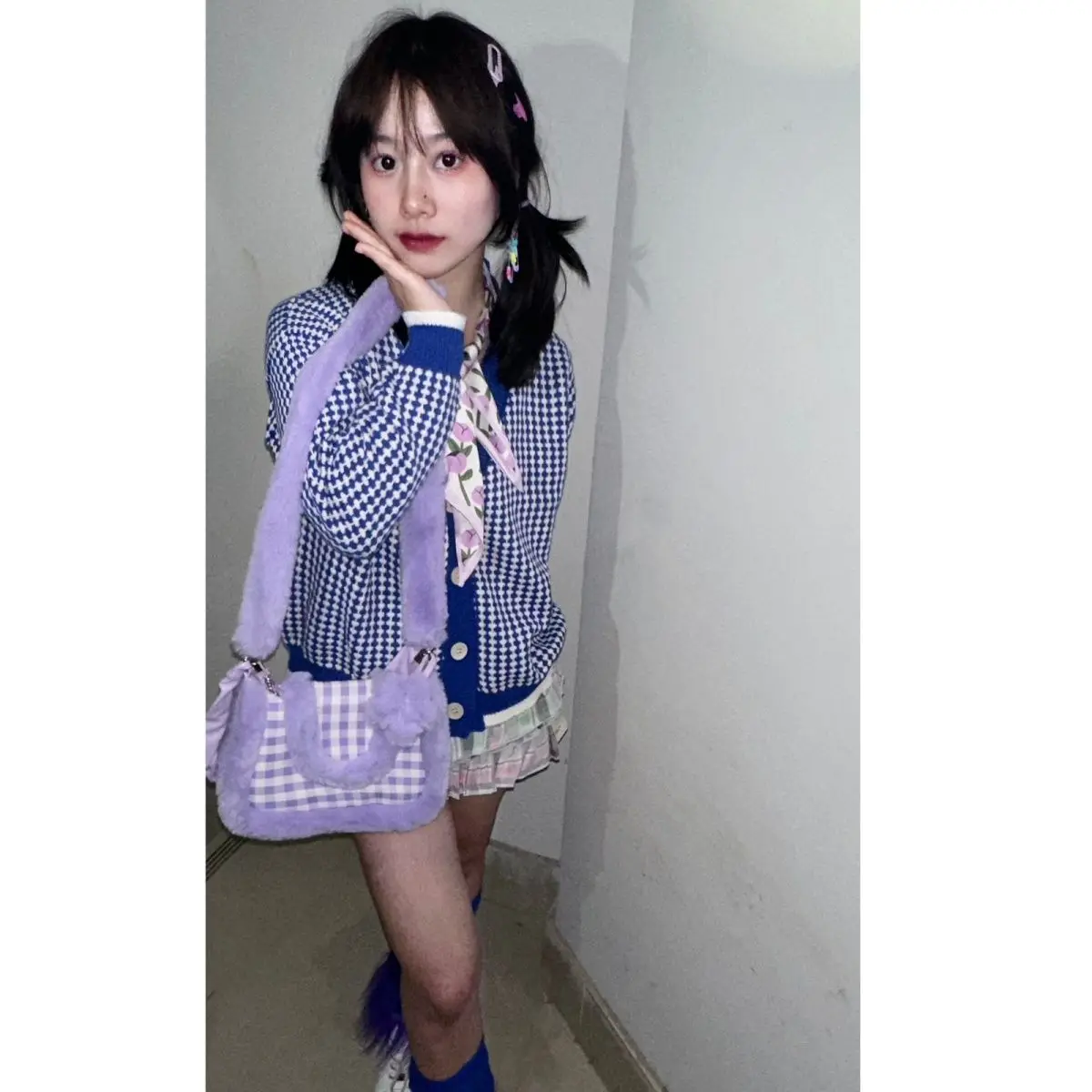 Spring and Autumn Style Sweet and Spicy Checkerboard Cardigan Y2k Sweet and Cute Little Jacket