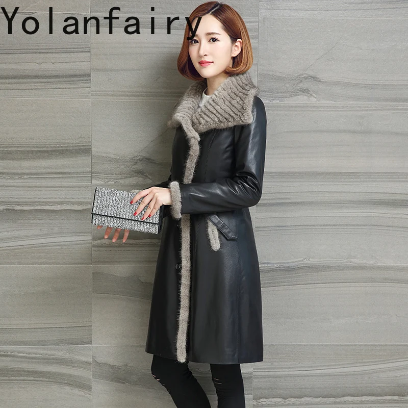 YOLANFAIRY Real Sheepskin Genuine Leather Jacket Women Autumn Winter Luxury Mink Fur Liner Coat Woman Mid-long Trench Fur Coats