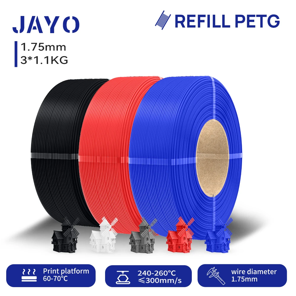 JAYO 3,3KG Nachfüll-PETG-Filament 1,75mm Nachfüll-3D-Drucker-Filament geeignet für Bambu Lab Filament & ungiftige wiederverwendbare Spulen 1,1KG/Rolle