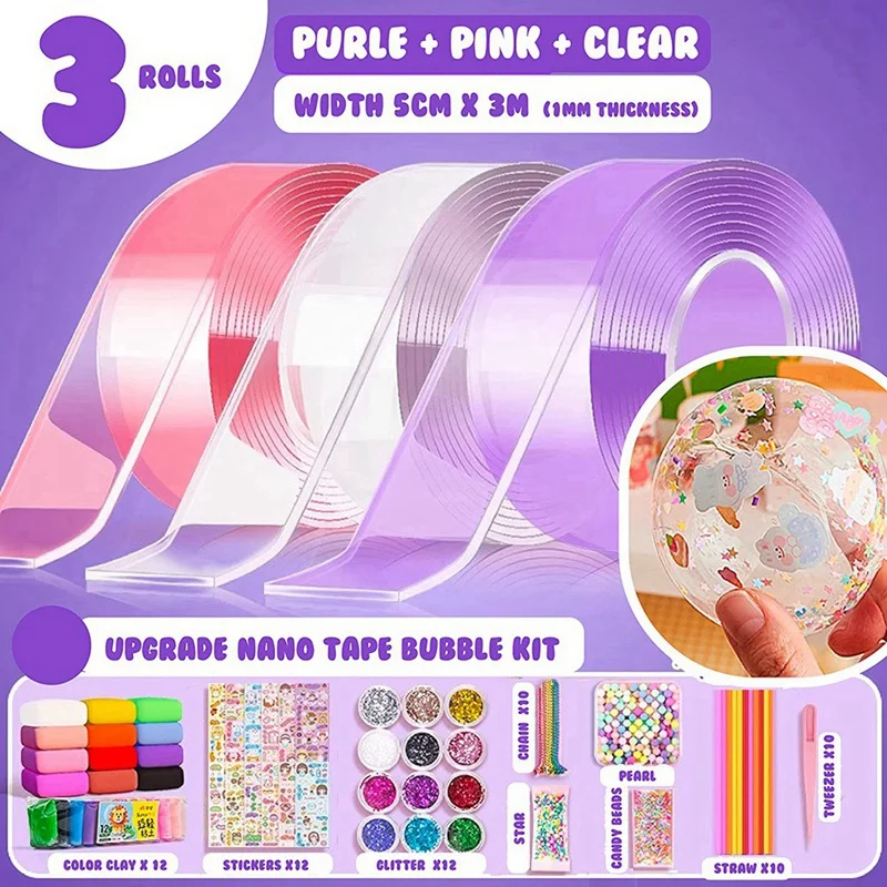 Kolorowa taśma Nano Bubble Kit dla dzieci Magic Sticky Ball DIY Elastyczne bąbelki Nano Tape Zabawki Dwustronne taśmy bąbelkowe