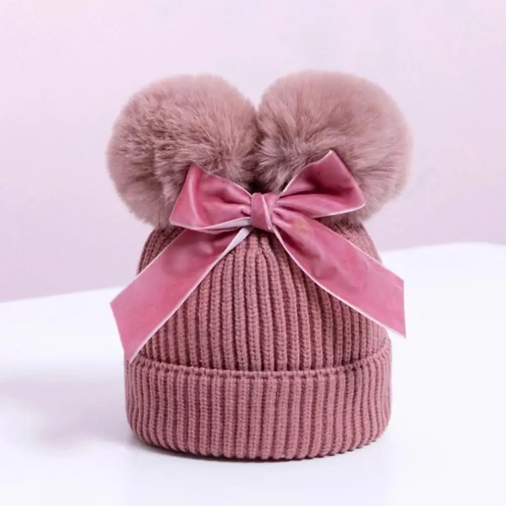 Knitted Children\'s Woolen Hat Windproof Thicken With Pom Pom Baby Winter Hats Cotton Lining Warm Cap Boys Girls