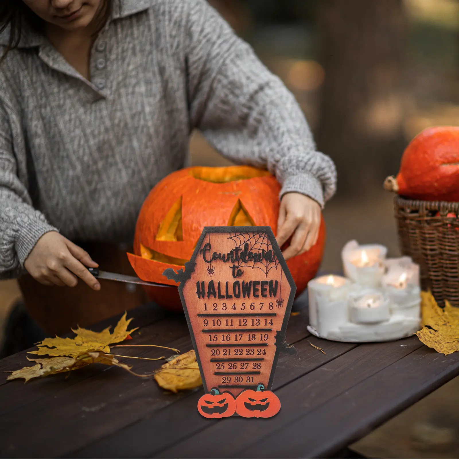 Halloween Wooden Countdown Calendar Fun Coffin Style Long-Lasting Ornament for Wall Mantel Halloween Table Decor