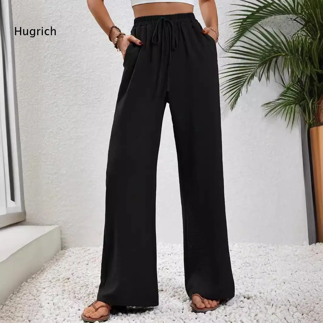 Soft Skin Friendly Textured Wide Leg Trousers Drawstring Waist Loose Pants Ideal For Shopping Trip Daily Leisure Daily Outfits