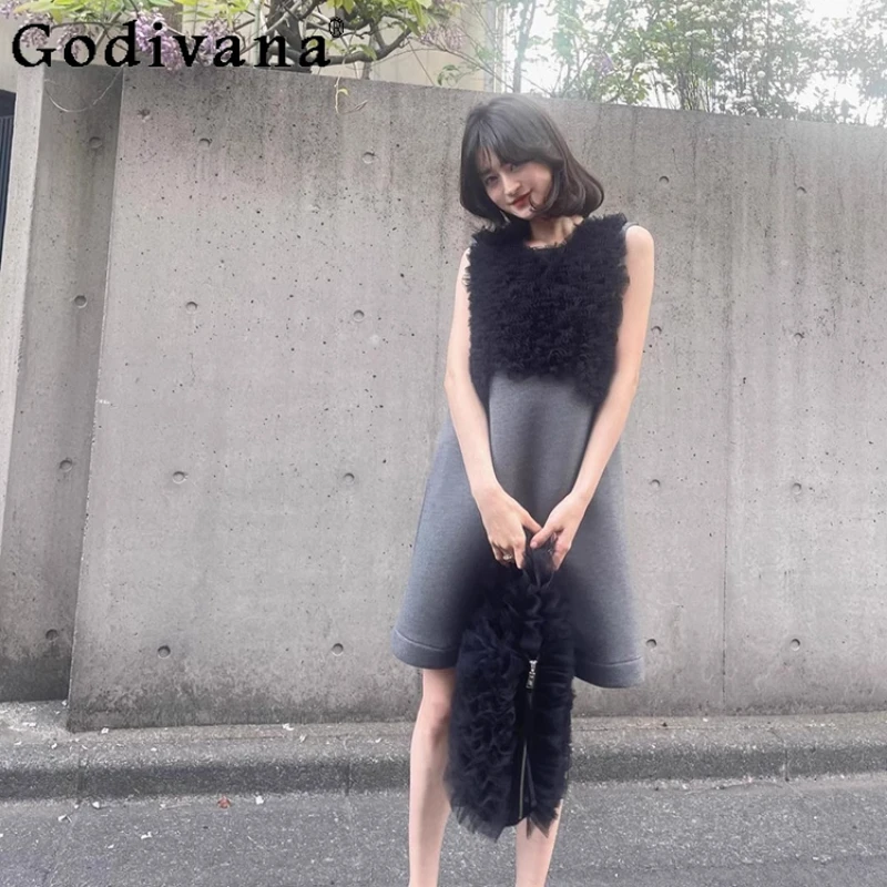 

Japanese Style Black and Gray Short Dress Women's Mesh Splicing Sleeveless Vest Dress Lady Sweet Casual Dress Spring and Summer