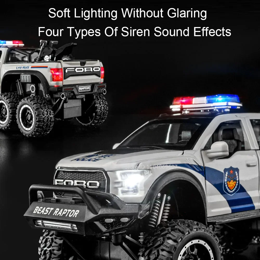 1:28 Raptor F150 Miniature Car Model Toy Alloy Diecast Off-road Vehicles Doors Opened Pull Back Sound Light for Kids Edutainment