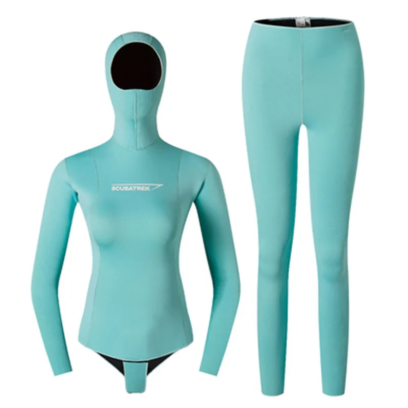 3MM Women 3 Pieces Neoprene Wetsuit Set Hooded Top Pants Spearfishing Diving Suit For Freediving Snorkeling