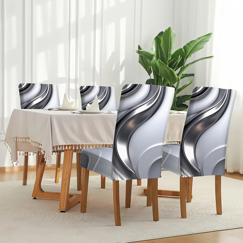 Modern Silver - Black Abstract Wave Pattern Elastic Chair Cover, 2024 New Stretch - Fit All - inclusive Ch