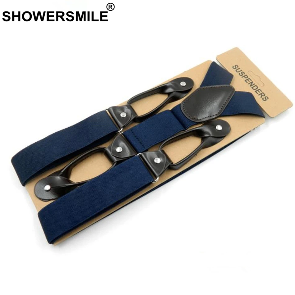 SHOWERSMILE Button Suspenders Wide Men'S Braces Solid Navy Leather Vintage Pants Strap Mens Belt For Trouser 120 3.5cm