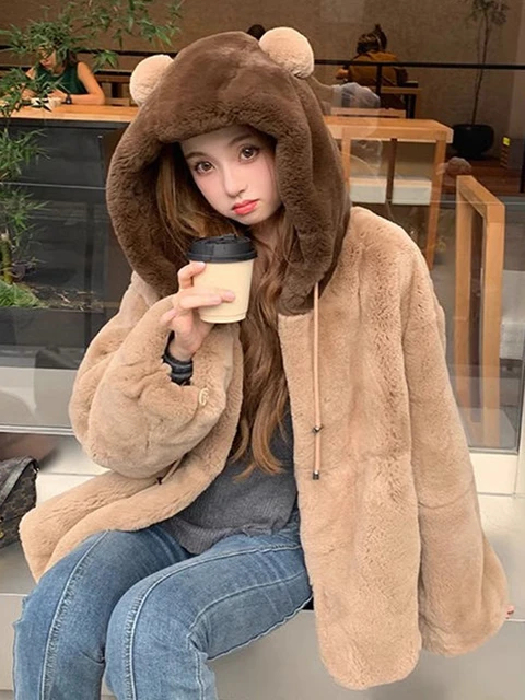 Kawaii Plush Jacket Women Korean Fashion Bear Ear Faux Fur Coat Female Winter Warm Thick Casual Loose Hooded Cardigan Outerwear AliExpress