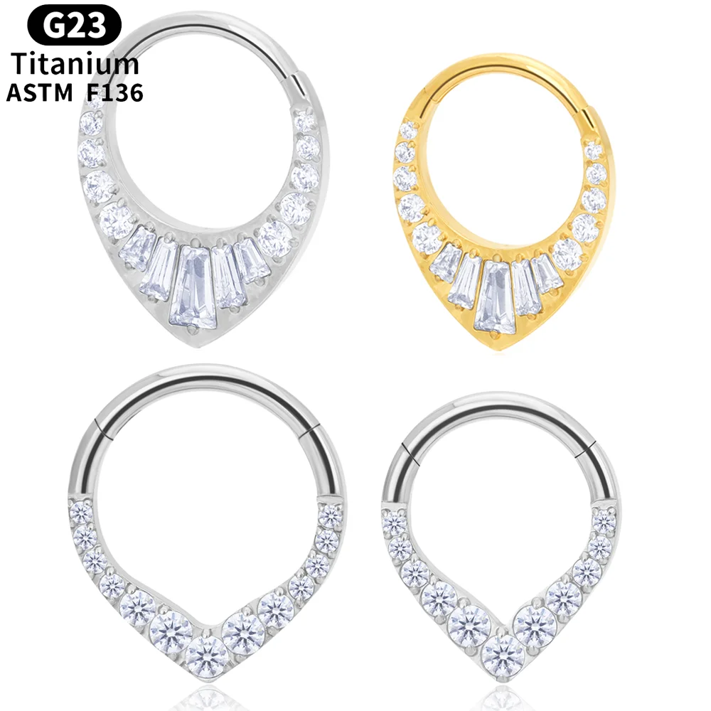 

G23 Titanium Water Drop Shape Nose Septum Clicker Ring 16G CZ Hinged Segment Earring Cartilage Daith Helix Nose Piercing Jewelry