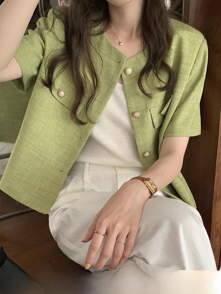 een ort Sve Suit Jaet ผู้หญิงฤดูร้อน Faion ขนาดเล็ก High-End รู้สึกบางเสื้อสเวตเตอร์ถักรอบ Ne ปุ่มรายละเอียด