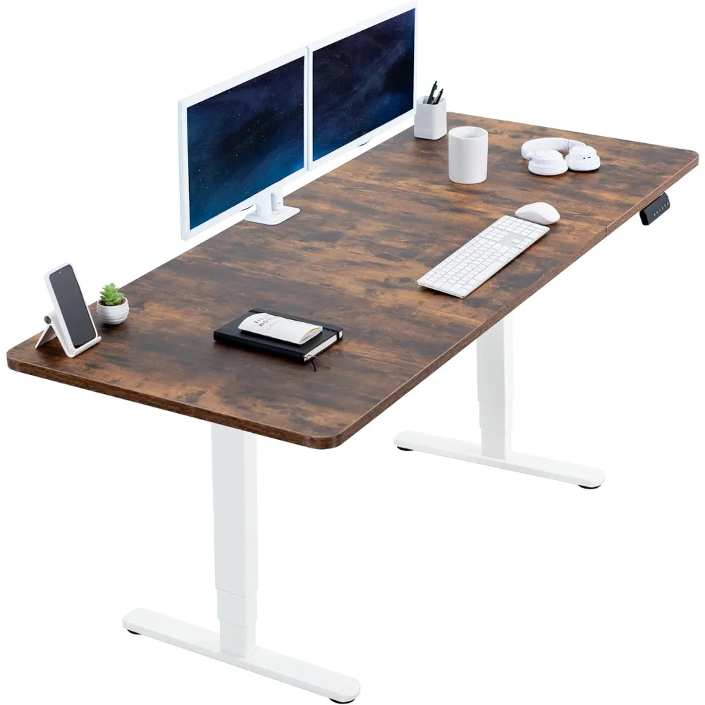 Electric Height Adjustable 71 x 30 inch Memory Stand Up Desk, Rustic Vintage Brown Table Top, White Dual Motor Frame