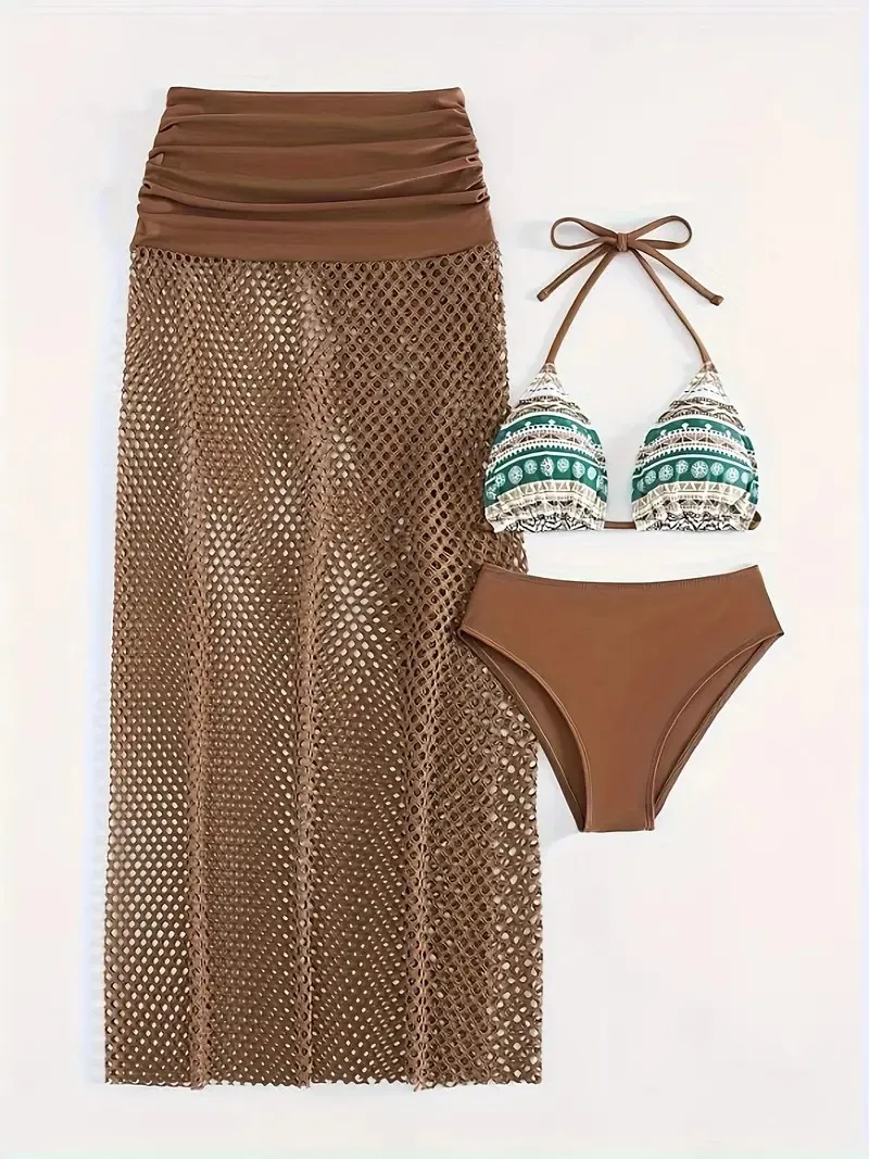 

2026 Sexy 3 Piece Bikini Set Women Two Piece Swimsuit with Wrap Skirt Swimwear Beach Vacation Summer Long Skirt Swimwears Outfit
