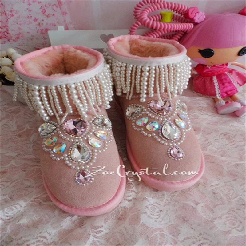 Pink pearl fringe custom luxury rhindiamonds fur one low tube women's large size leisure party snow boots 35-44