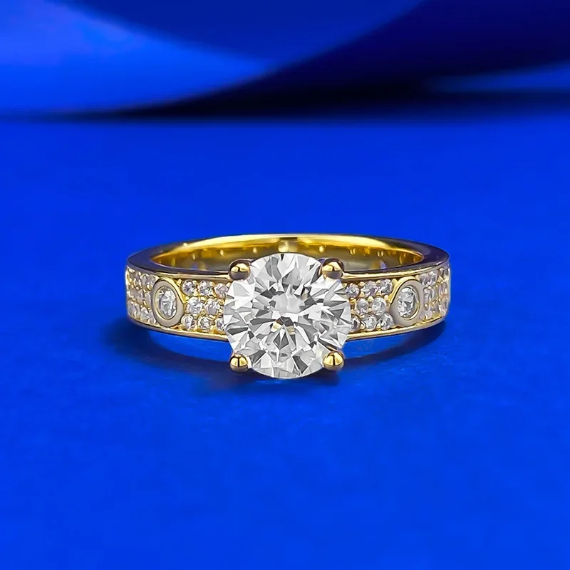 Apaison Gold Plated Classic Rings For Women 7 mm Round High Carbon Diamond Ring Ladies Engagement Wedding Party Jewelry Gift
