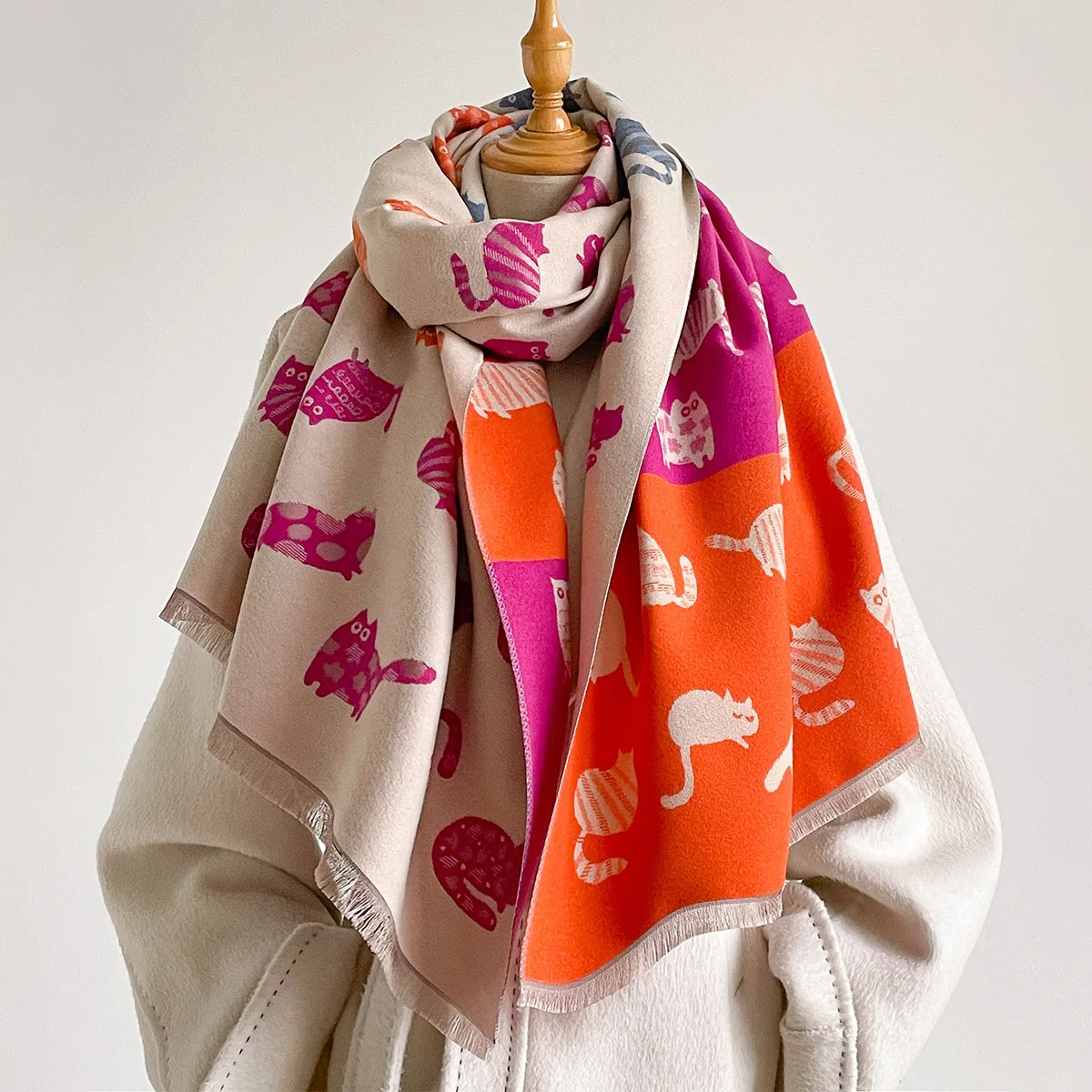 Scarf Women Cat Jacquard Shawl Wrap Double Sided Fall Neck Warmer Ladies Animal Pattern Cape Stole Daily Outdoor Office view 4