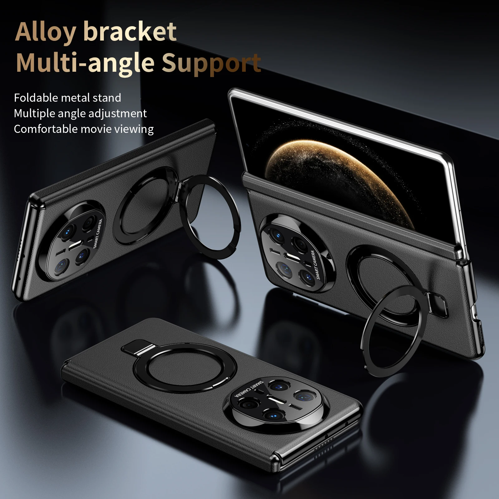 For Huawei Mate X6 X5 X3 Magsafe Case Luxury Matte Leather Folding Hinge Magnetic Rotating Ring Holder Shockproof Hard Back Case view 3
