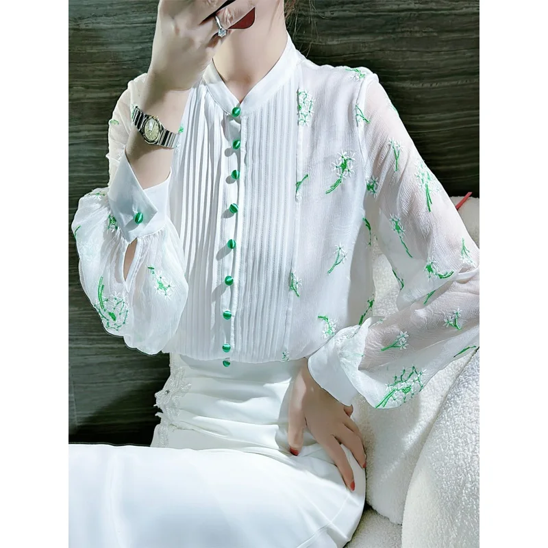 2023 New Summer Style Celebrity Exquisite Embroidered Organ Pleated Lantern Sleeves Solid Color Versatile Oversize Women's Shirt