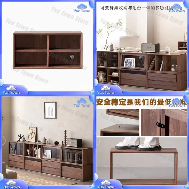 for Black Walnut Solid Wood Modular TV Cabinet for Living Room Free Combination Low Cabinet Floor-to-Ceiling Bookcase Display