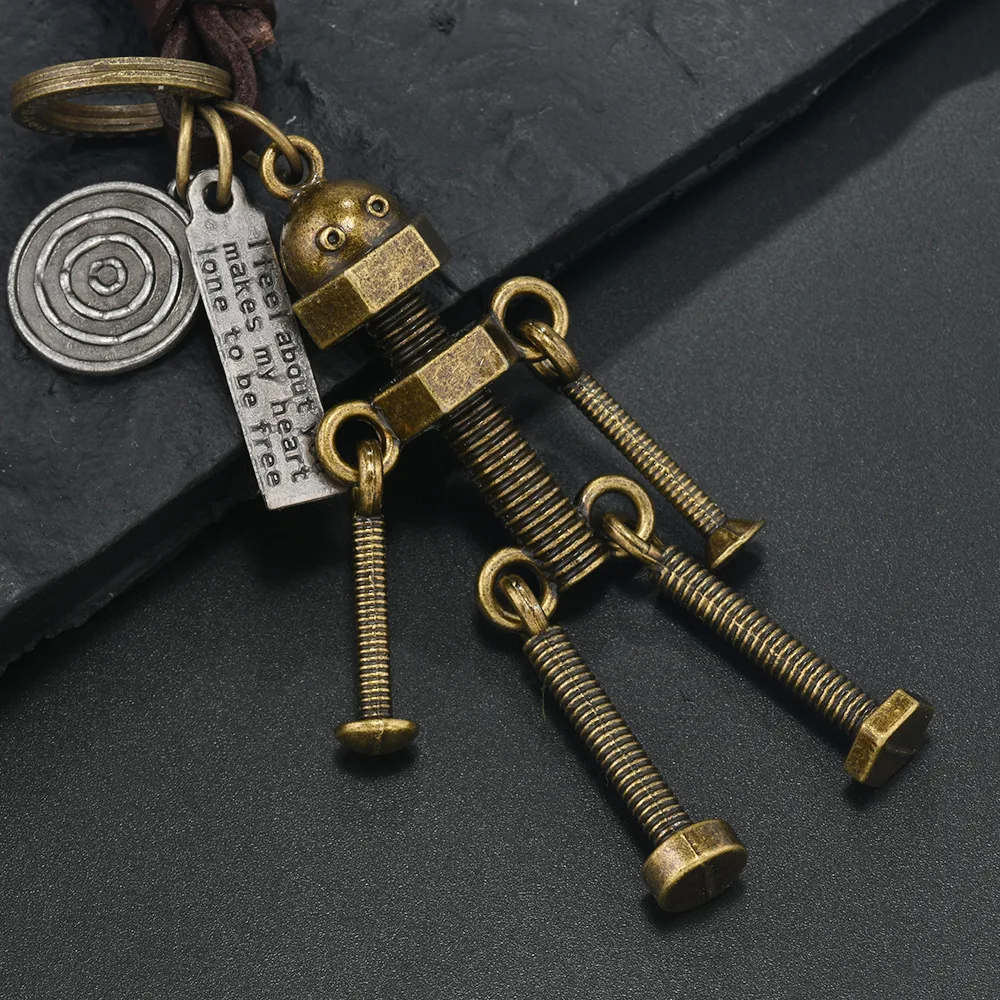 European and American new popular creative keychains men's and women's gifts alloy bronze horns retro woven cowhide pendant