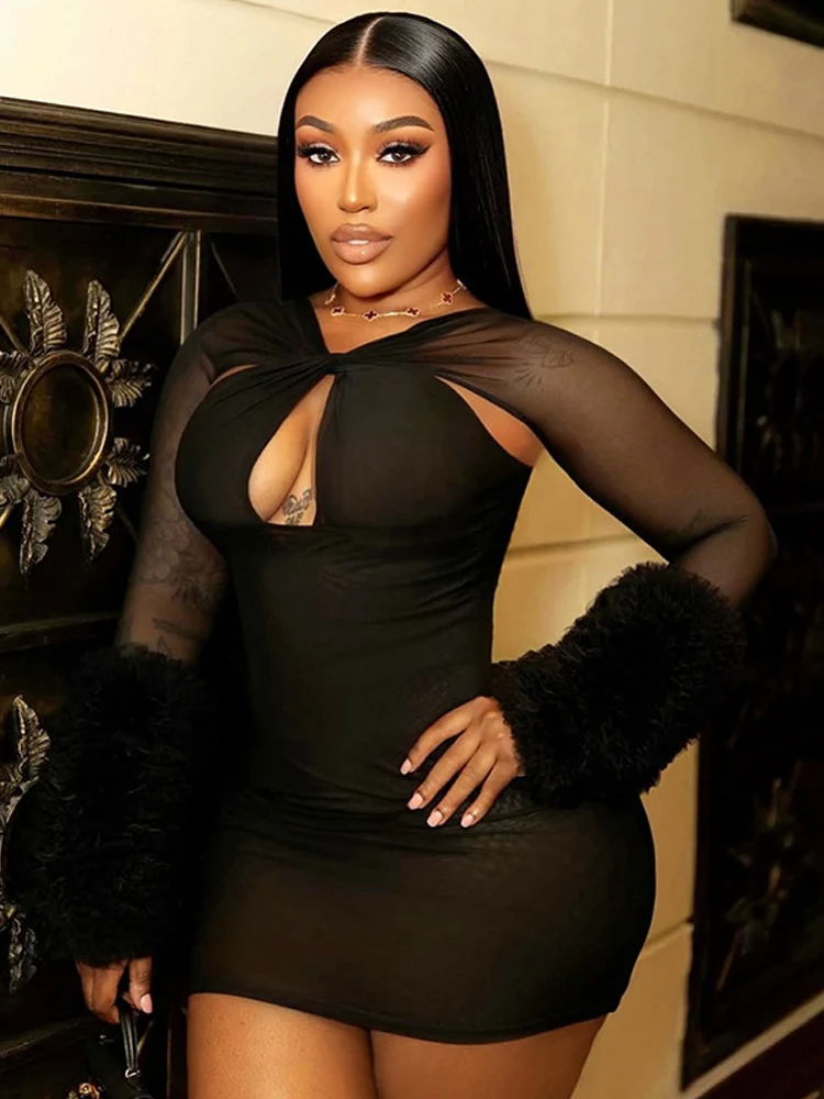 فستان Beyprern مثير بأكمام طويلة بقماش شفاف فستان قصير للنساء مفرغ من الريش وتفاصيل ملابس النادي #2