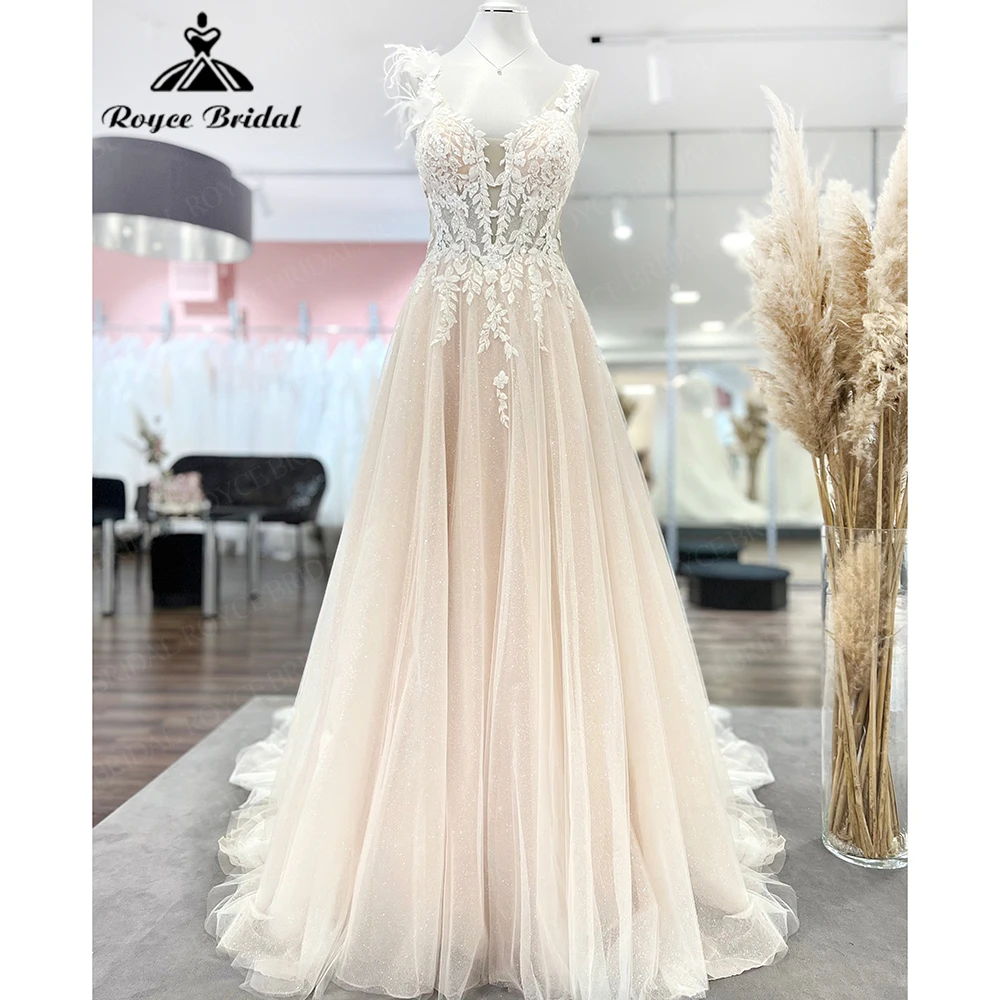 Boho Applique Feather Elegant A Line Wedding Dresses 2027 Backless V Neck Beach Bridal Gown Customized vestido de novia